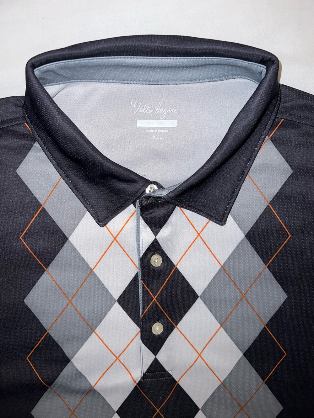 Walter Hagen Hydro-Dri Men’s 2XL Black Grey Orange Argyle Performance Polo